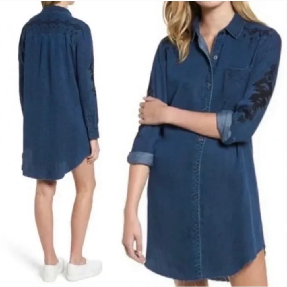 RAILS Ashland Chambray Shirtdress Raw Hem Dark Vintage Embroidered Denim Light S